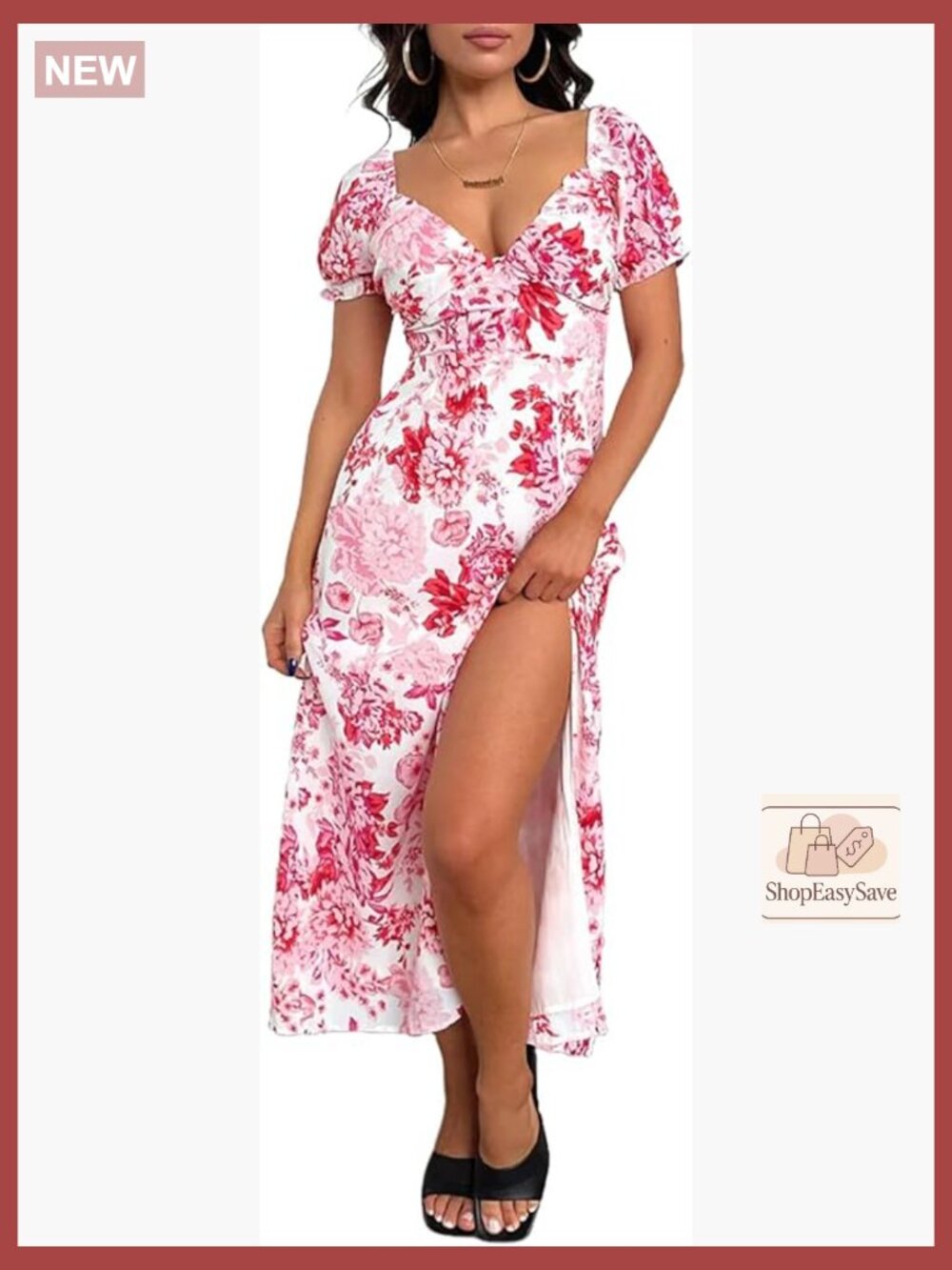 Floral Midi Dress Sweetheart Neck Puff Sleeve Slit Boho Wedding Guest Summer